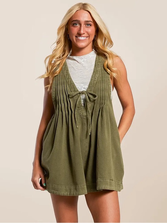 Vervet Pants - Vervet Olive Green Tie Front Romper Size Medium 100% Cotton